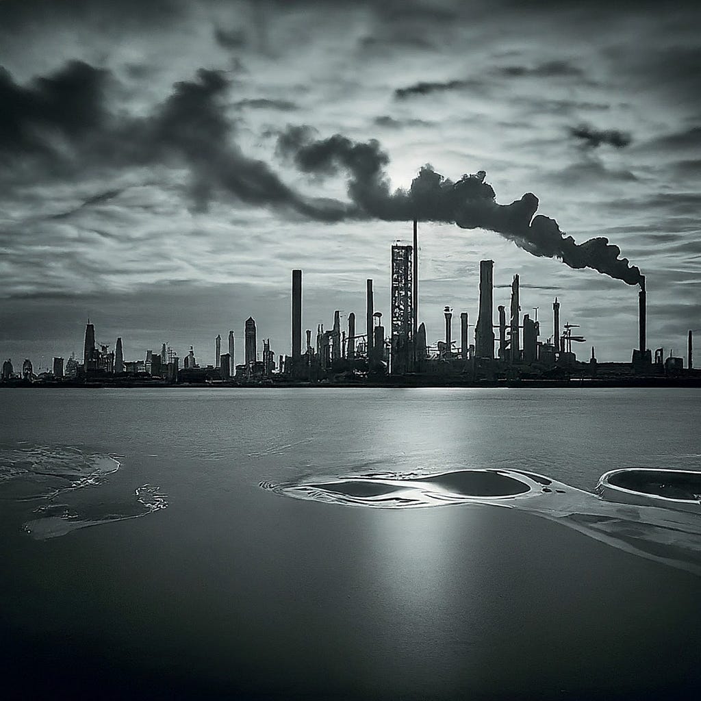 A monochromatic image of an industrial plant with tall towers emitting smoke, located next to a calm body of water, reflecting the environmental impact of industrial pollution.