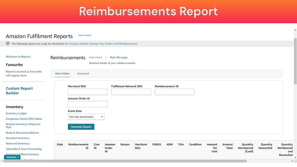 Screenshot of Amazon FBA Reimbursement Report