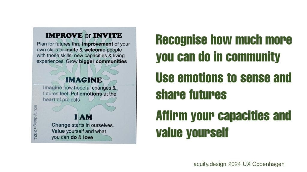 The three part process but slide text says Affirm your capacitities, use emotions to sense and share futures and recognise how much more you can do in community
