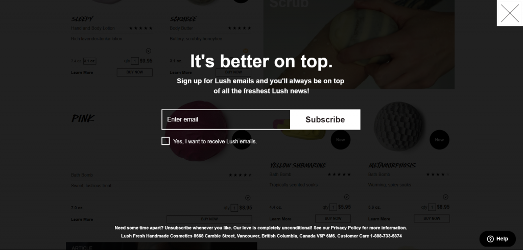 popup example - Lush