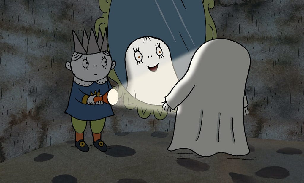 In this cozy scene, we see Laban, the friendly ghost with a glowing smile, standing opposite Prince Mischief, wearing a crown and a royal blue tunic, holding a flashlight that casts a warm light. They are inside what appears to be a castle dungeon or corridor, with rough stone walls that fade into a shadowy background. The interaction between the two characters suggests a sense of camaraderie and adventure, with their expressions conveying excitement and anticipation. The soft lighting and muted