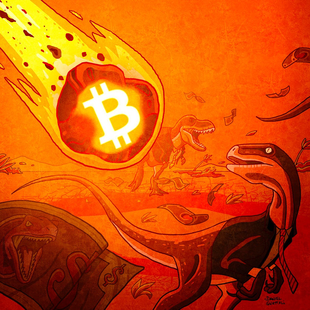 Dinossaurs on suits about to be hit by a huge Bitcoin meteor. Comic with orange colors.