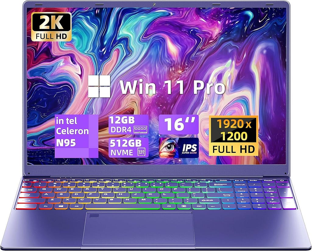 【Win 11 Pro/MS Office 2019】Rumtuk 16 Purple Gaming Laptop Computer,12th Gen Alder Lake N95 CPU,12G DDR5 RAM 512G NVMe SSD,2K 1920*1200 FHD IPS/Color Backlit KB/Fingerprint/HDMI/WiFi/Long Battery Life