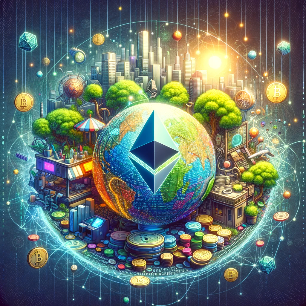 Digital artwork depicting the integration of Real-World Assets with blockchain, showcasing a globe with buildings, art, and commodities merging into digital binary code and Ethereum’s logo, symbolizing sustainability and digital ownership. #BlockchainInnovation  #EthereumLayer2  #DigitalOwnership  #SustainableBlockchain  #RealWorldAssets  #TechForGood  #GreenBlockchain  #FintechFuture  #CryptoArt  #DigitalTransformation