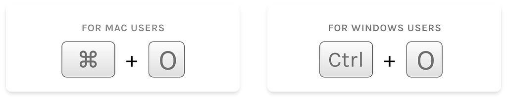 Keyboard shortcuts for opening files in XD (Mac and Windows)