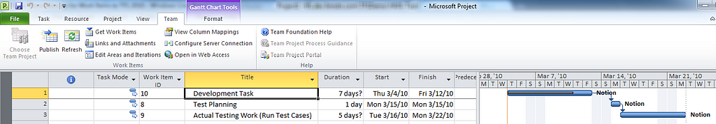 Microsoft Office Project Integration with TFS 2010 Tasks and Dependency Links Predecessor Successor