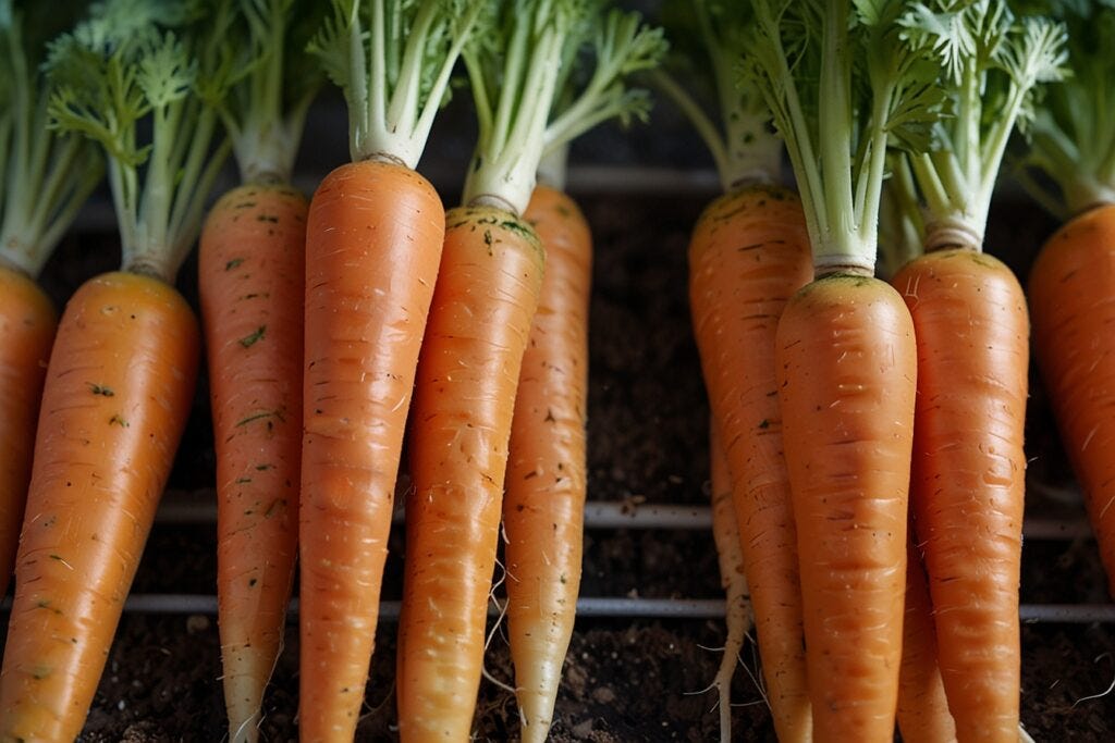 A row of fresh hydroponic carrots with green tops, aligned neatly on dirt, showcasing vibrant orange color and clean, smooth textures.