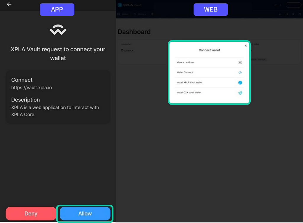 Connect your wallet to vault.xpla.io or to your XPLA Vault chrome extension if you’re using a computer and confirm the connection on your phone.