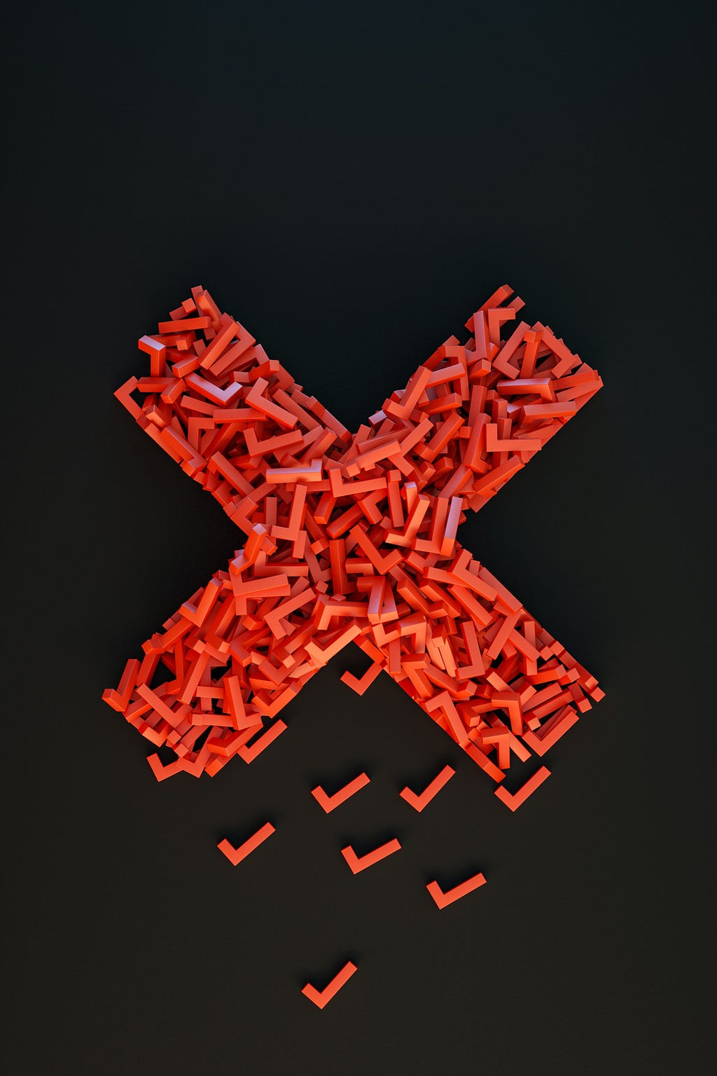 A pile of red check marks arranged into an X shape on a black background.