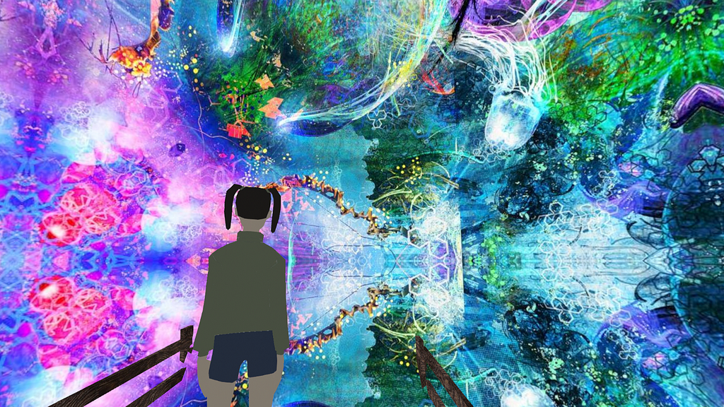 Back portrait of figure staring into the depths of an abstract virtual reality world, surrounded by geometric shapes, flowers, water droplets, and fractal-like figures in shades of green, purple, red, and blue.