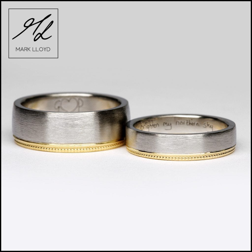 Picture of two wedding rings designed and made by Mark Lloyd Master Goldsmith as a matching set with customer supplied gold.