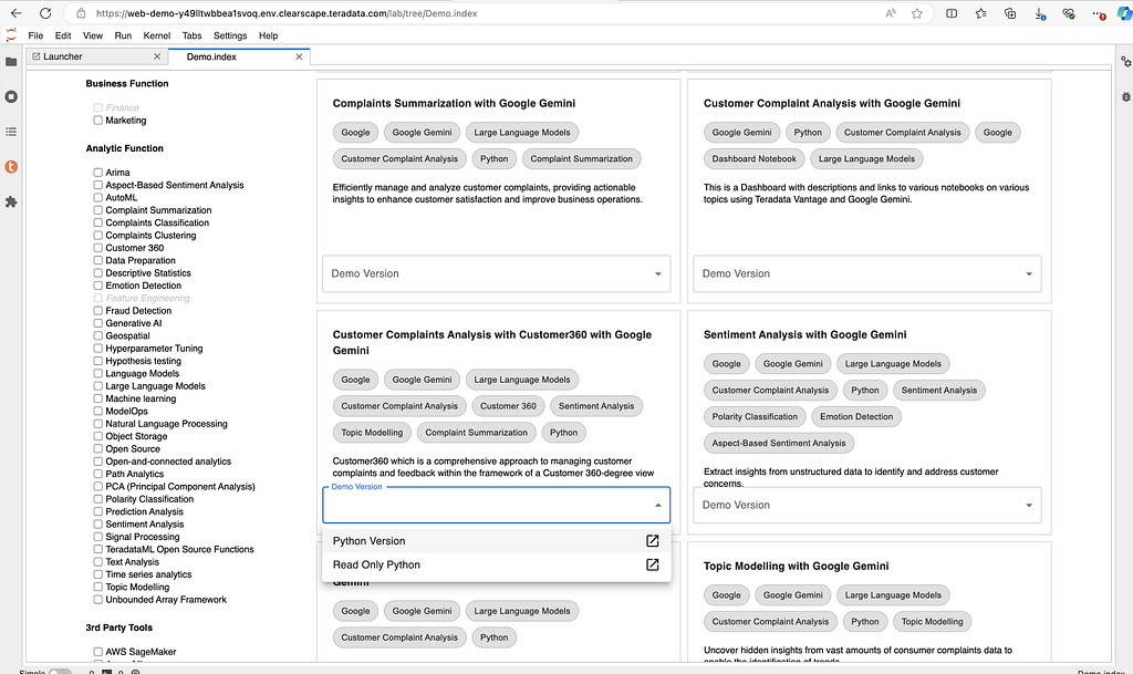 ClearScape Analytics Experience JupyterLab environment displaying the ‘Demo.index’ page with various use cases arranged in a grid format. Each use case provides options to select either a ‘Read Only Version’ or ‘Python Version,’ allowing users to explore functionalities such as ‘Complaints Summarization with Google Gemini,’ ‘Customer Complaint Analysis,’ and ‘Sentiment Analysis.’ The interface includes a sidebar on the left for filtering by analytic function or third-party tools and CSP.