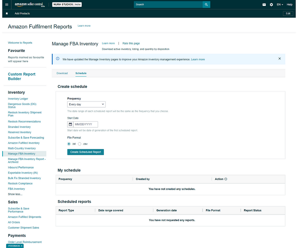 Screenshot of Manage FBA Inventory Report (Amazon Fulfillment Reports) showing how to schedule reports