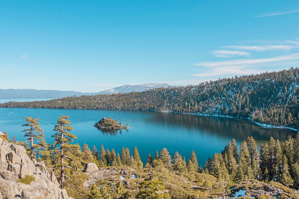 A photo of Emerald Bay which is just miles from the Tallac Historic Site that Lucky Baldwin purchased and is owned by the US Forest Service today.