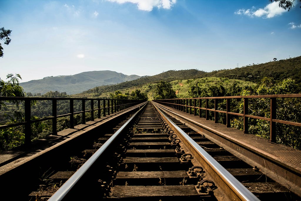 A railroad going through a mountain with many green trees.