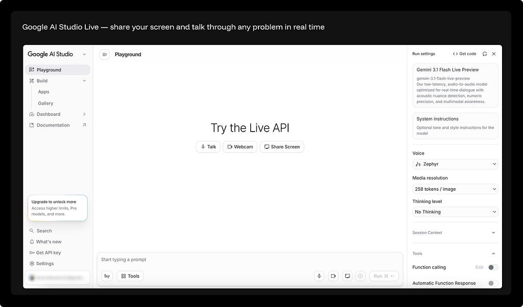 oogle AI Studio Playground showing “Try the Live API” with three input mode buttons — Talk, Webcam, Share Screen — powered by Gemini 3.1 Flash Live Preview with voice, media resolution, and thinking level settings.