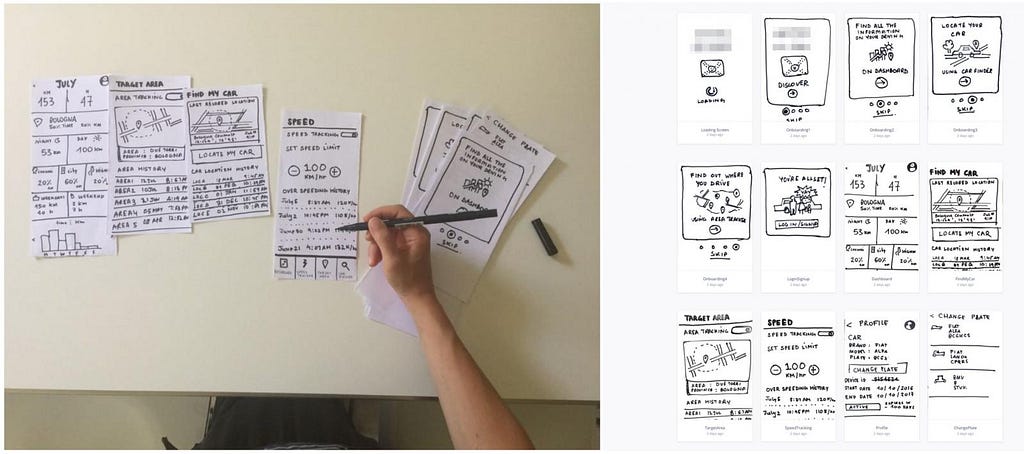 A hand holding a pen, drawing a UI on rectangular pieces of paper near a sequence of hand-drawn paper-prototypes.