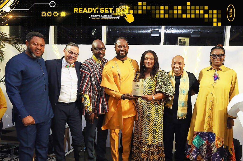 Abubakar Muhammed (S&D, Enzo Scarcella (Group Commercial), Guido Sompiimeh, Emmanuel Agbeko Gamor (Digital) Jemima Kotei (Customer Care) and Nana Amegashie (Marketing); MTN Ghana 🇬🇭 awarded WECA Regional Excellence OpCo for 2023, with colleagues from Digital, Marketing, Customer & Care Excellence, and Sales & Distribution in Capetown, South Africa July, 2023