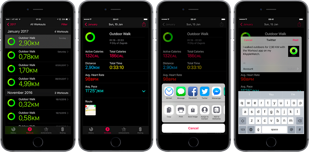 Fitness App screenshots where statistics of movement and heartbeat are shown per day wisely to track fitness level, and it can be shared on your social media accounts or sent directly to someone.