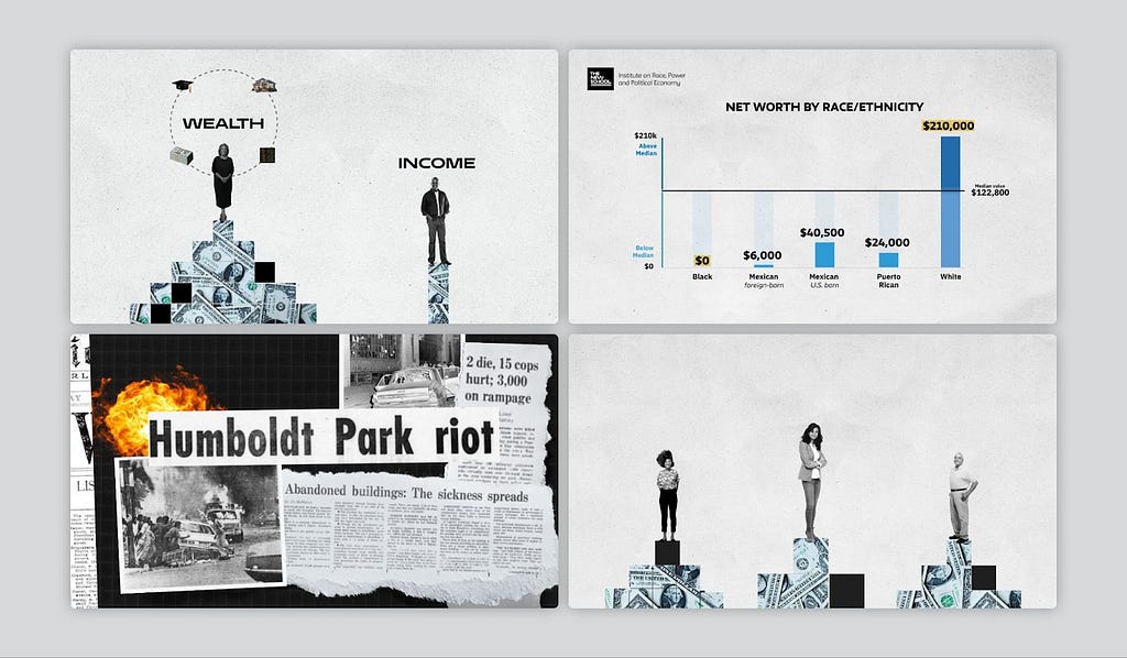 Collage of images from a video designed by Graphicacy, advertising the Color of Wealth Project