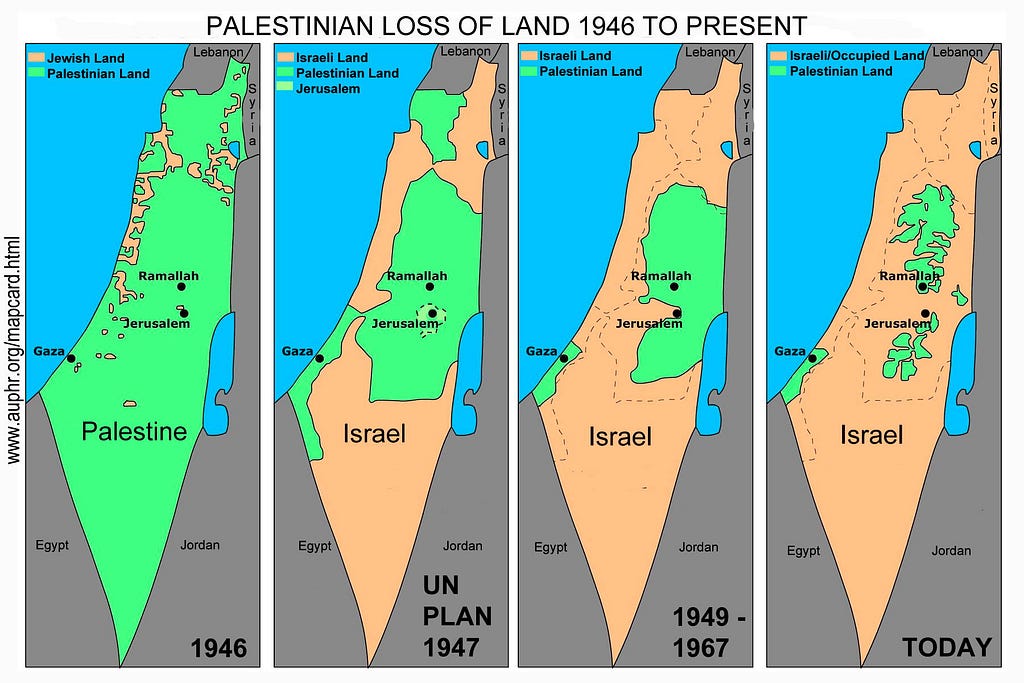 A picture of the lands stolen from Palestinians since 1946.