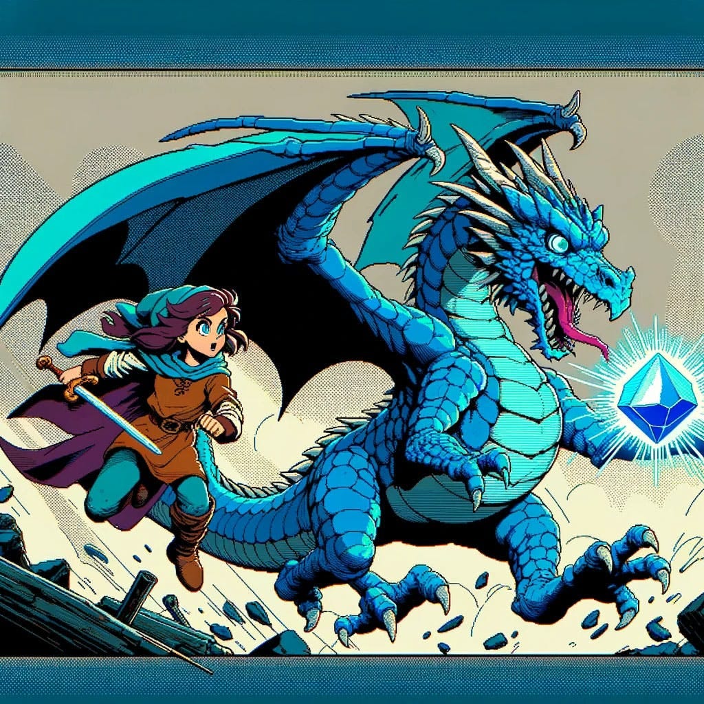 80s cartoon-style illustration of a more dragon-like Zmeu with a vibrant blue body, pronounced snout, and large structured wings, alongside a brave knight and a magical glowing stone, in a dynamic and colorful action scene.