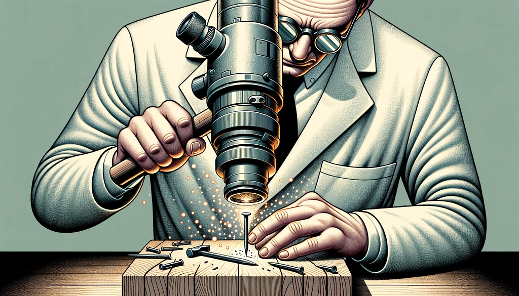 A scientist hammering a nail into a piece of wood with an expensive looking micrsoscope