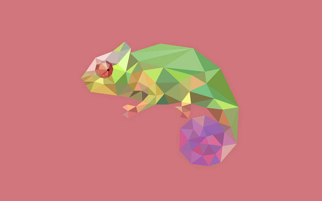 A low-poly chameleon made up of a few colourful triangles