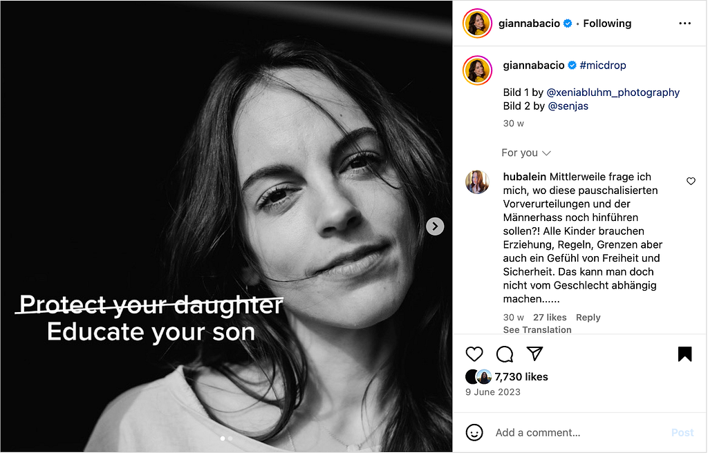 Screenshot from Instragram showing a black and white image of a woman with the text: “Protect your daughter” with a line going through it. Under is the text “Educated your son. On the right side are comments related to the post.