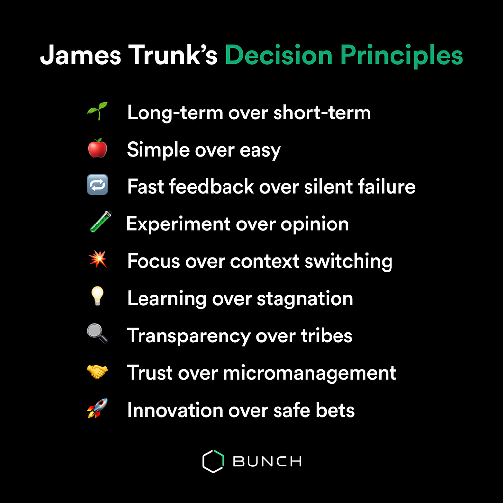 List of decision principles: Long-term over short-term Simple over easy Fast feedback over silent failure Experiment over opinion Focus over context switching Learning over stagnation Transparency over tribes Trust over micromanagement Innovation over safe bets