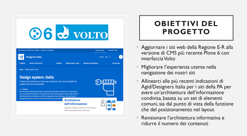 Presentation slide on the objectives of the website update project of the Emilia-Romagna Region, with a modern design in blue and white. It includes the Logos of Volto and Design System Italia, the title "Objectives of the Project" and four key points with icons: technological update to Plone 6 with Voso, improvement of the user experience, alignment with Agid/Designers Italia standards, and revision of the information architecture.