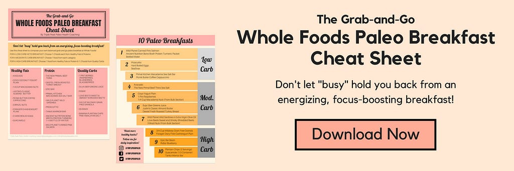 graphic banner with the grab and go whole foods paleo breakfast cheat sheet text and download now button