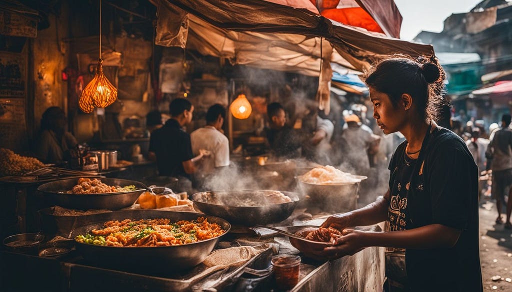 A Balinese women tends her colourful food stall in a local market