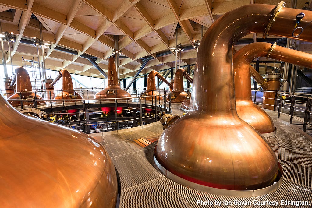 Several of the 36 stills inside The Macallan's new distillery in Scotland. Photo by Ian Gavan courtesy Edrington.