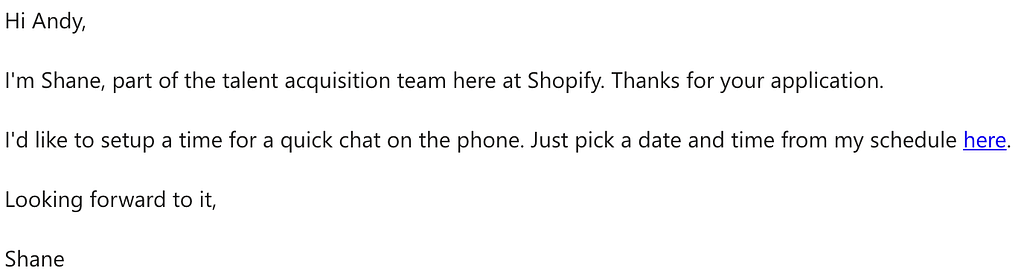 Email from the recruitment team at Shopify proposing an interview