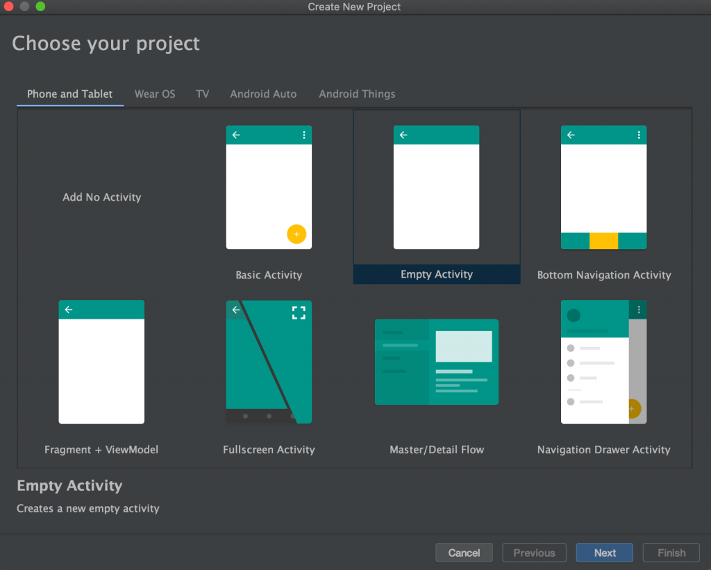 Creating a new project in Android Studio