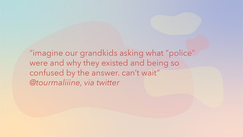 Graphic with text: “imagine our grandkids asking what ‘police’ were and why they existed…can’t wait” @tourmaliine