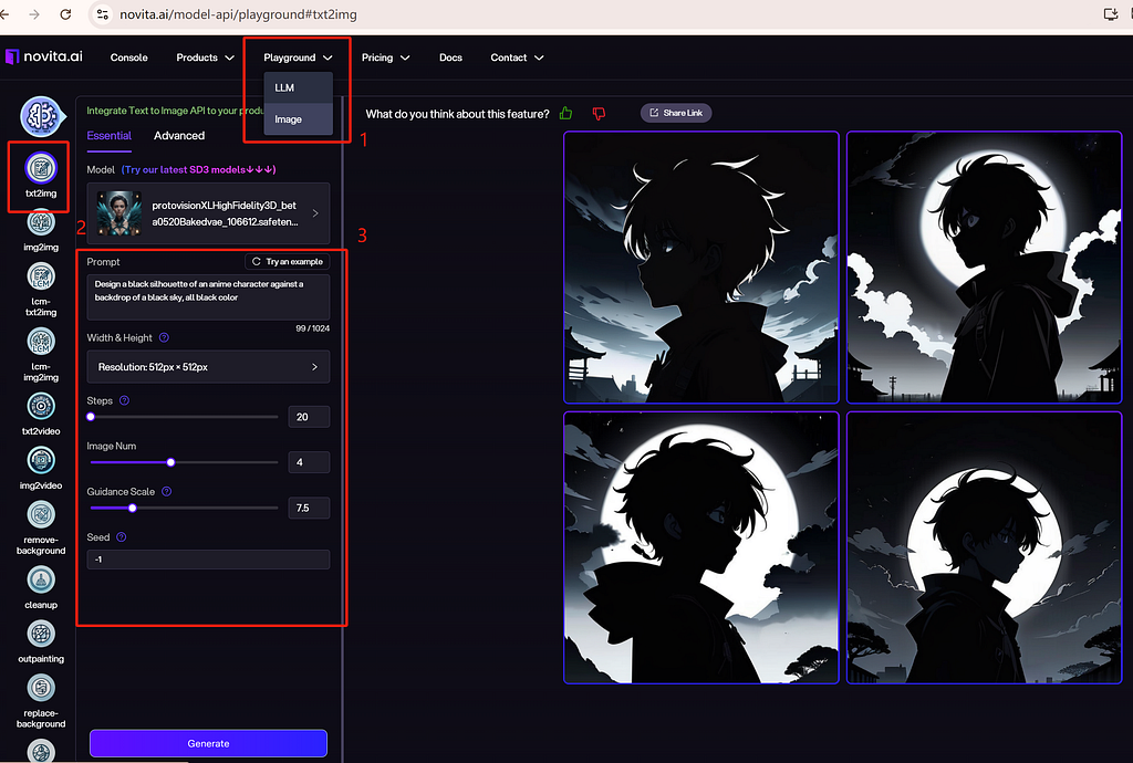 novita ai black pfp, text to image playground