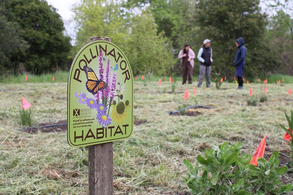 Pollinator Habitat sign with people in the background