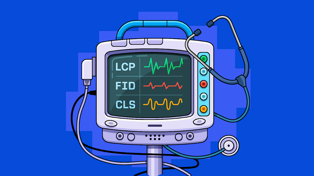Ilustração de uma máquina de batimentos cardíacos ao lado de um estetoscópio, porém mostrando as linhas de medição de LCP, FID e CLS