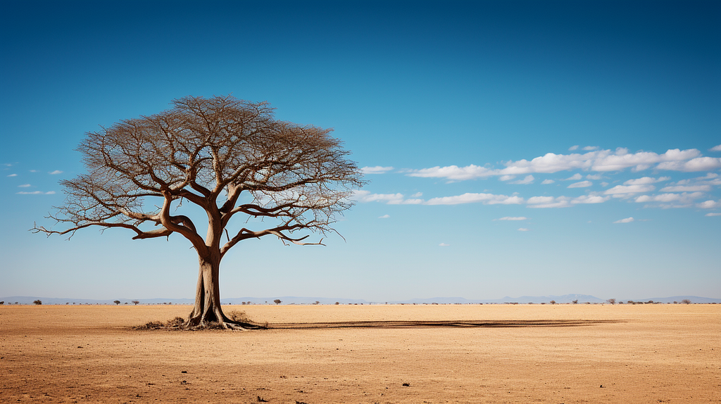 A single baobab tree in a large expanse of the Savannah grasslands, composed using negative space (generated using Midjourney)
