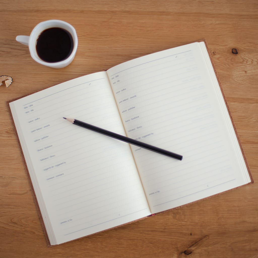 Picture of a notebook, pencil, and coffee cup from an overhead perspective