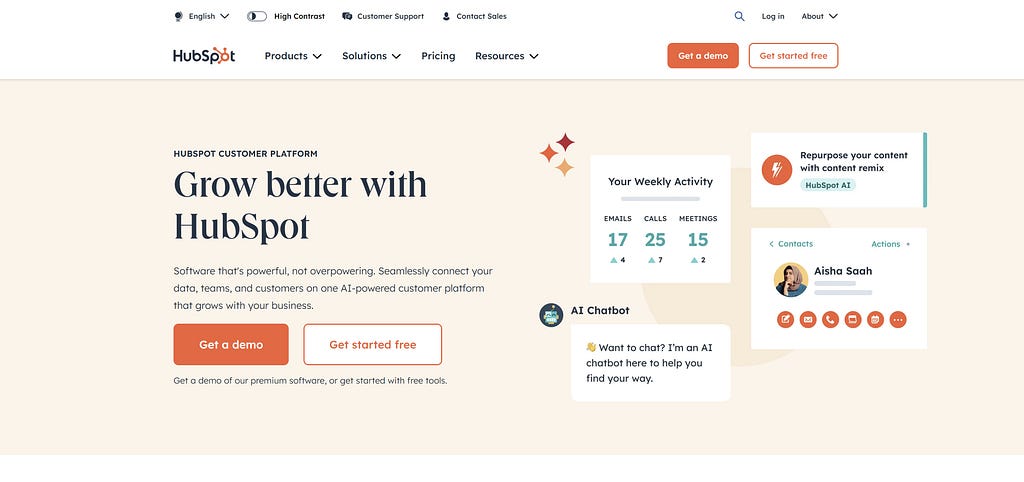HubSpot homepage mentioning AI in the CRM