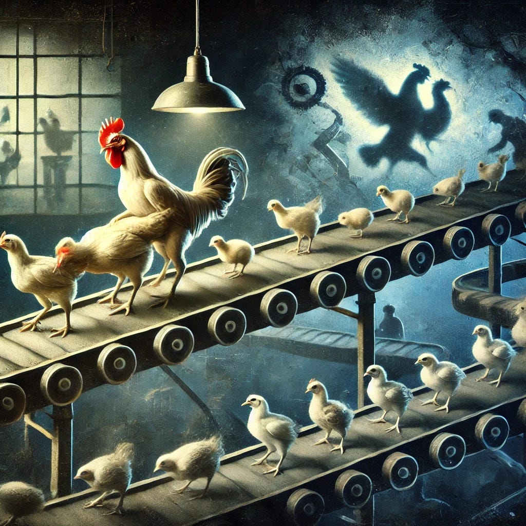 Figure 07: Image created by the Editor via DALL-E 3: A surreal illustration showing chickens mating on a conveyor belt to produce chicks. The chaotic and dreamlike background, with shadows and mechanical elements, symbolizes the cycle of reproduction and the conflicts it feeds, highlighting the irony and futility of the process.