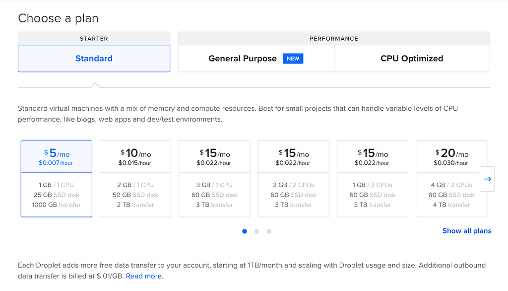 DigitalOcean — Choose a plan