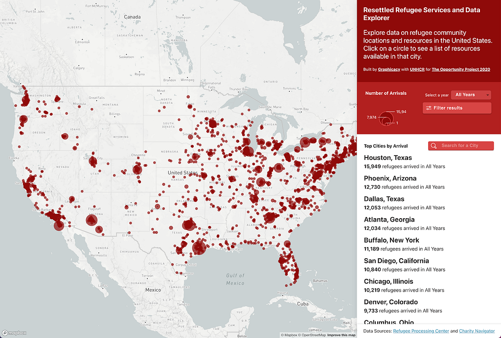 A map view of the last decade of refugee resettlements across the United States from the State Department’s WRAPSNET dataset.