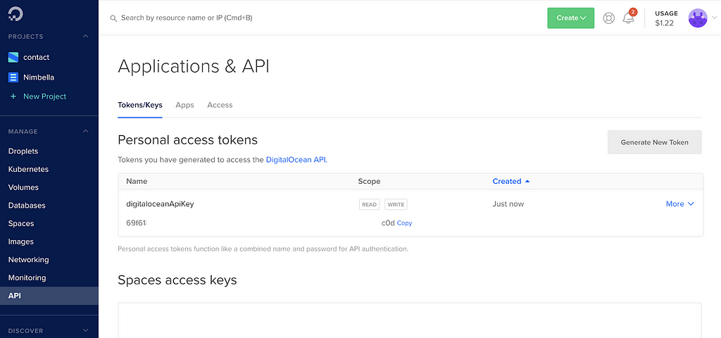 DigitalOcean API Key setup page