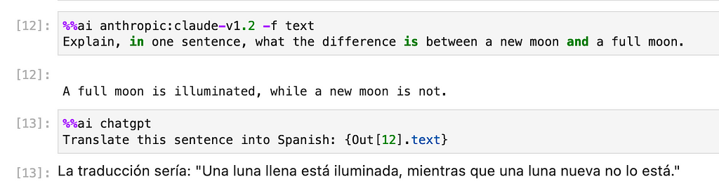 Screenshot of JupyterLab running two %%ai magic commands: the first one generates output, and the second one uses interpolation to incorporate the first command’s output into its prompt