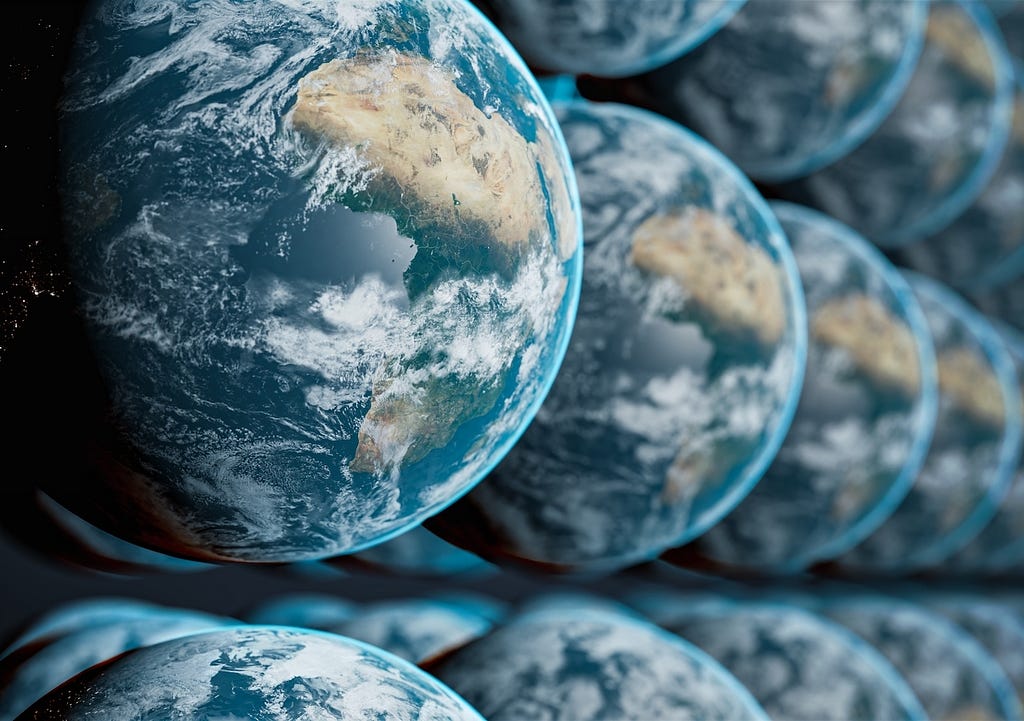 A visualization of infinite unique Earths suggested by Everrett Interpretation