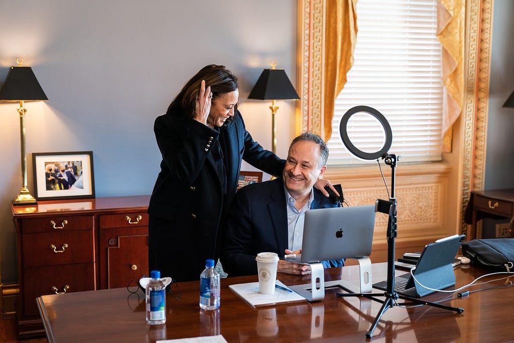 Vice President Kamala Harris visits with her husband, Second Gentleman Doug Emhoff on Jan. 28, 2021, in the Second Gentleman’s Office.